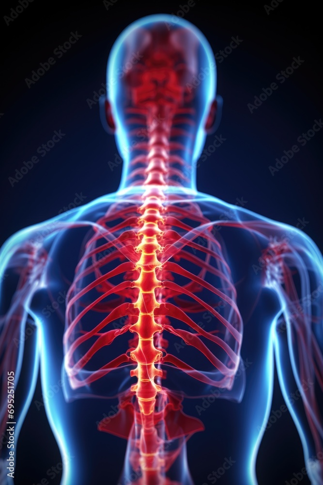 Poster a picture of the back of a man with a highlighted spine. can be used for medical or healthcare-relat