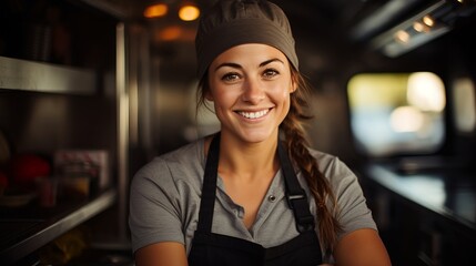 A confident and happy woman chef in a food truck , an experienced female chef at street food  - obrazy, fototapety, plakaty