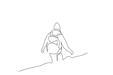 woman person backpack coat season nature hiking trekking activity one line art design