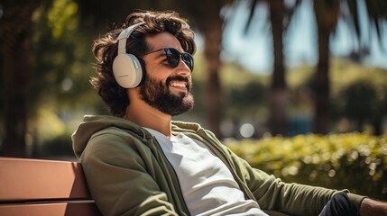 A man with smiling face wearing headphones listening to the podcast while sitting on bench at park - Powered by Adobe