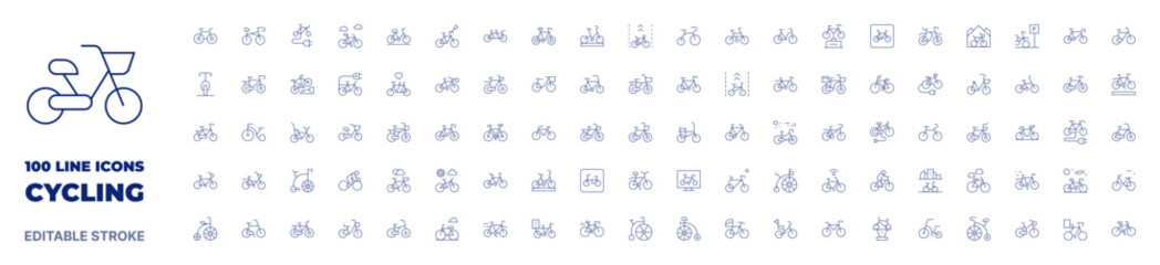 100 icons Cycling collection. Thin line icon. Editable stroke. Cycling icons for web and mobile app.