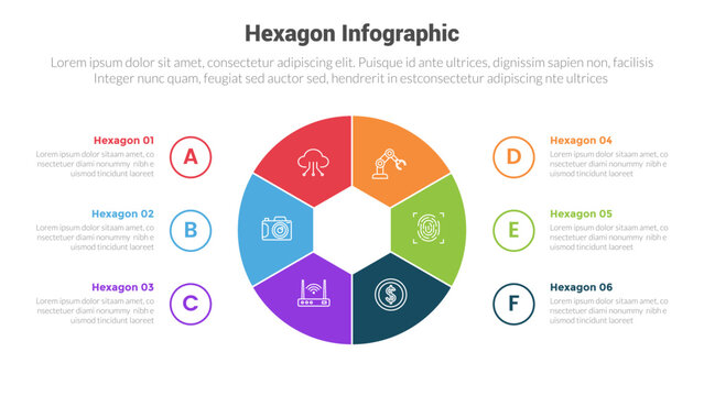 hexagon or hexagonal honeycombs shape infographics template diagram with pie chart shape and outline circle with 6 point step creative design for slide presentation