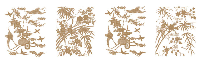 Japanese Oriental Pattern. Oriental Ornament Elements. Eastern Gold Decoration. Nature, Floral Details.