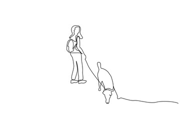 woman person dog friend backpack nature walking active life lifestyle one line art design
