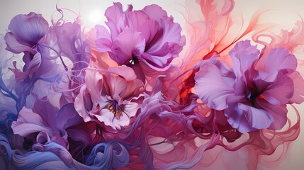 A burst of vibrant pinks and purples bloom on a liquid canvas, resembling the delicate beauty of oil mixing with water in a mesmerizing display