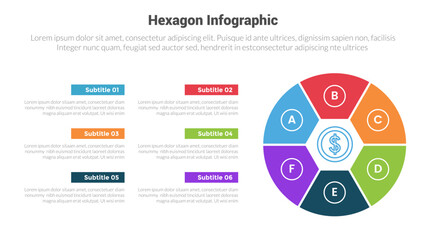 hexagon or hexagonal honeycombs shape infographics template diagram with round piechart on right layout with 6 point step creative design for slide presentation