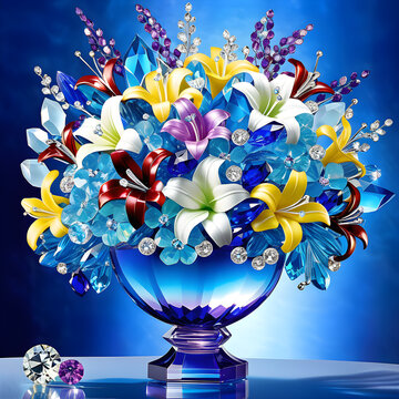 Enchanting crystal jewelry bouquet: vibrant design, delicate craftsmanship, and captivating beauty. Graphic representation with vase essential.(Generative AI) 