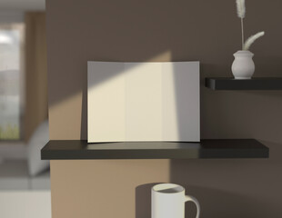 Showcase your content with this 3D illustration of a blank brochure mock-up, featuring a simple and harmonious background. Roll-Fold 297mm 210mm size brochure.
