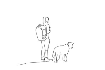 woman person dog friend backpack nature walking active life lifestyle one line art design