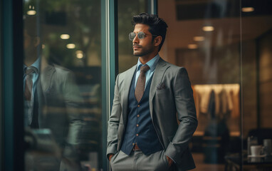 young and successful businessman smiling and standing near office window. - obrazy, fototapety, plakaty
