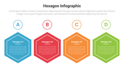 hexagon or hexagonal honeycombs shape infographics template diagram with horizontal direction and circle badge outline with 4 point step creative design for slide presentation - obrazy, fototapety, plakaty