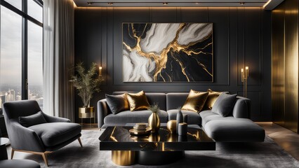 The apartment is in black and gold tones.