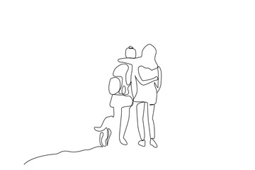 woman person dog friend backpack nature walking active life lifestyle one line art design