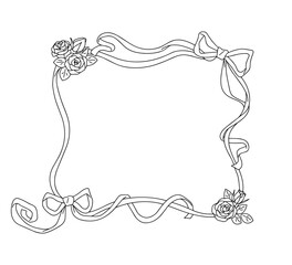 薔薇とりぼんの装飾フレーム、手書きの線画、デコレーション