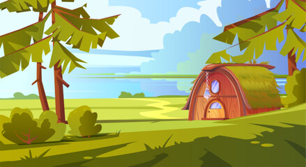 Tiny fairytale gnome magic house made of wood with grass covered roof, little door and window, and hanging lantern. Cartoon vector small fantastic elf or dwarf hut with on shore of lake in forest.