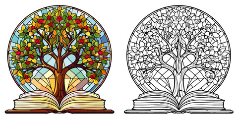 Beautiful Book and Tree Coloring Page in the Style of Stained Glass – Flat Color Vector on White Background