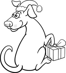 funny cartoon dog with Christmas present coloring page