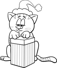cartoon cat with gift on Christmas time coloring page