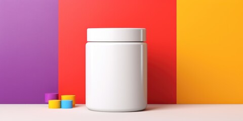 Blank modern white vitamin, cosmetic container on a colorful background.