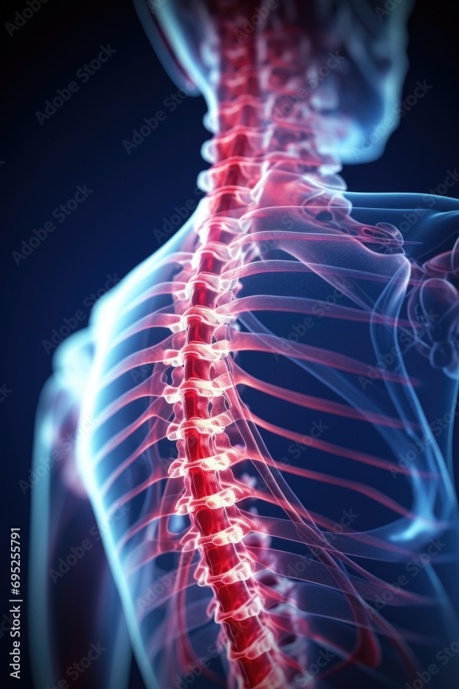 Poster a close-up view of the back of a person's skeleton with a highlighted spine. perfect for educational
