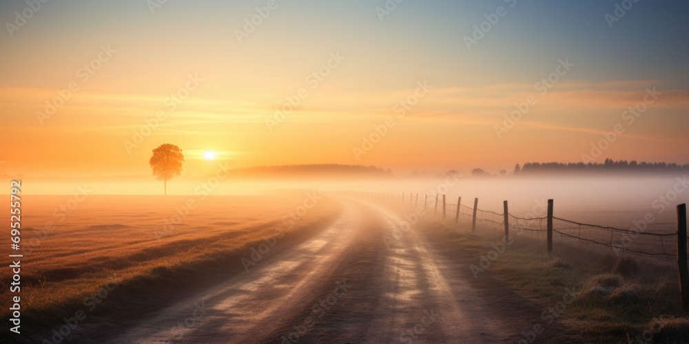 Poster A foggy field with a fence and a single tree in the distance. Suitable for various applications