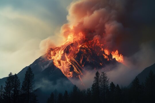 A large plume of smoke rises from a mountain. This image captures the natural phenomenon of smoke billowing into the sky. Suitable for various uses