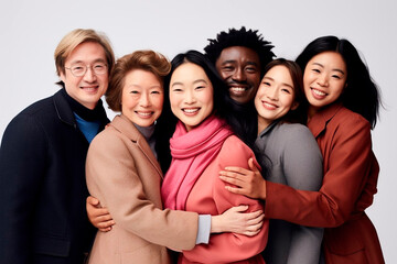 Obraz premium People of different nationalities hug, laugh and smile and look at the camera