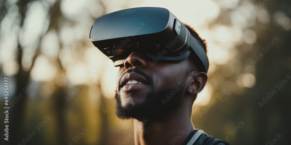 Poster a man wearing a virtual reality headset. perfect for illustrating the use of virtual reality technol