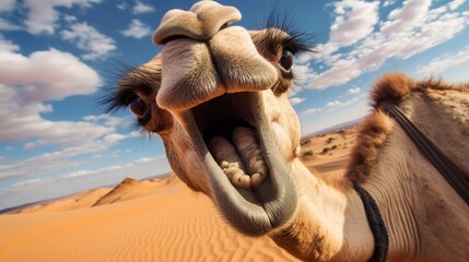 Portrait of a camel with a funny face in the desert.