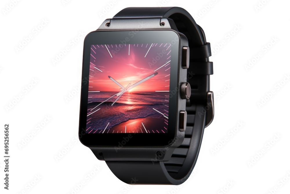 Poster a smart watch displaying a beautiful sunset scene. perfect for technology and nature enthusiasts.