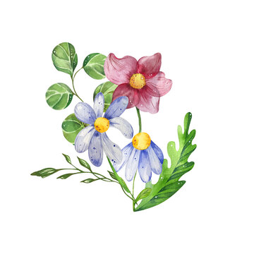 watercolor flowers arrangement, pink, blue, green clip art preview