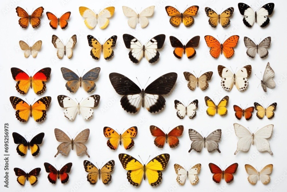 Poster A beautiful collection of butterflies arranged on a white surface. Perfect for nature enthusiasts and educational materials