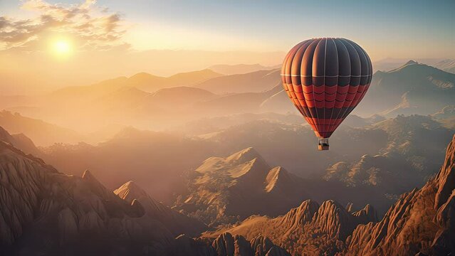 hot air balloon flying between the mountains in a sunrise. Created with Generative AI.	
