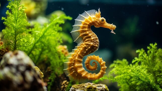 Profile of Mediterranean Seahorse in Saltwater aquarium tank - Hippocampus guttulatus.