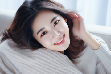 Naklejka premium Smiling young Asian woman at home