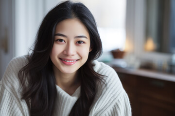 Smiling young Asian woman at home