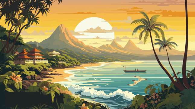 vector poster highlighting the tropical paradise of Bali, featuring lush landscapes, traditional Balinese elements, and serene beach scenes, island's tranquility 
