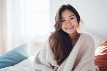 Smiling young Asian woman at home
