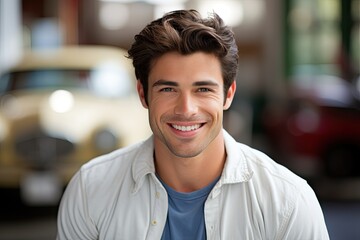 Obraz premium A happy and handsome young man who exudes confidence, charm and positivity in an urban setting.