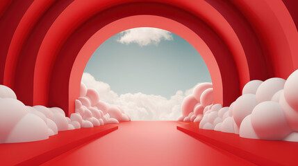 3d render, abstract minimal red background with white clouds flying out the tunnel