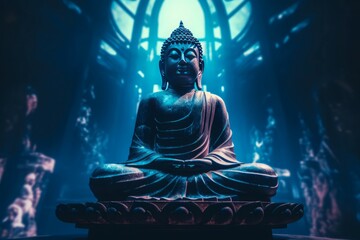 Buddha meditation statue blue neon illumination. Meditative Zen holy deity sculpture. Generate ai - obrazy, fototapety, plakaty