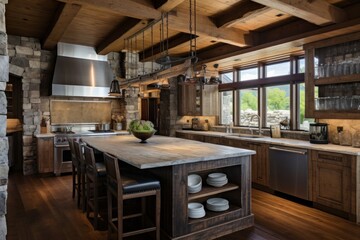 Spacious rustic kitchen with stone walls and high vaulted ceiling made from reclaimed wood - obrazy, fototapety, plakaty