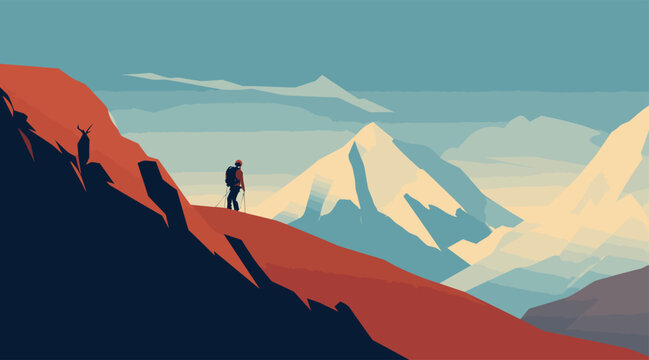 vector poster with the quote Never Give Up in bold and minimalist typography, paired with an image of a persistent mountain climber