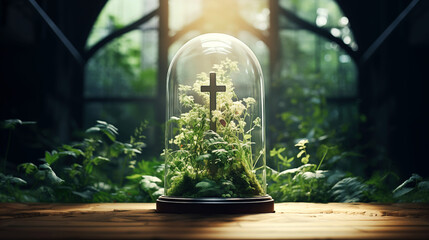 Glass dome with a cross inside on a wooden table in a greenhouse.