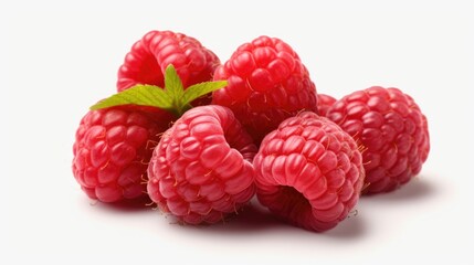 Fresh raspberries stacked on a clean white surface. Perfect for food-related projects or promoting...
