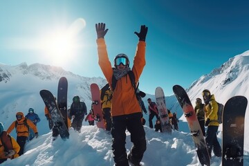 A group of snowboarders standing on top of a snow covered slope. Perfect for winter sports and...