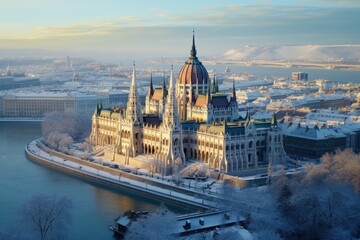 Obraz premium A large building sitting on top of a snow covered hillside. Suitable for winter-themed designs and architecture concepts