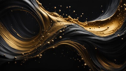 Splashes of gold paint on a black background - obrazy, fototapety, plakaty