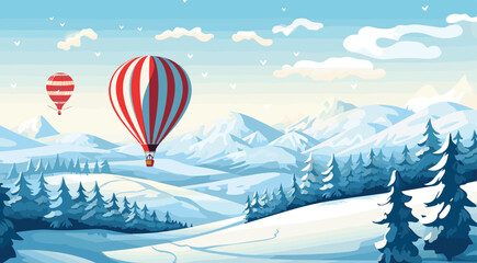 vector scene of a festive hot air balloon ride over a winter landscape, featuring colorful balloons, holiday motifs, and joyful passengers. hot air balloon colors, snowy whites