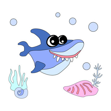 Cute shark with shells, bubbles and algae in the ocean. For posters, prints on clothes.